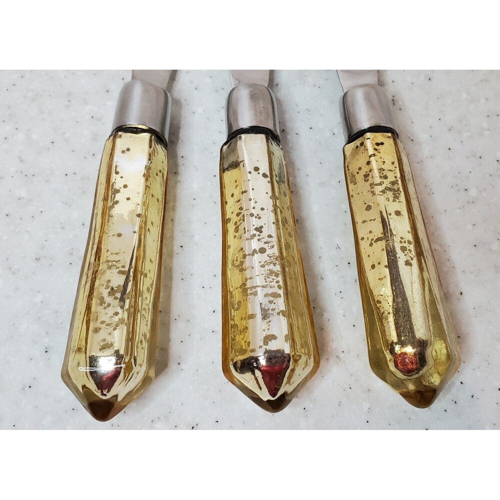 Set of 3 Gold Mercury Glass Spreader Knives Silver Tone Hex Handle 6" - Picture 3 of 4